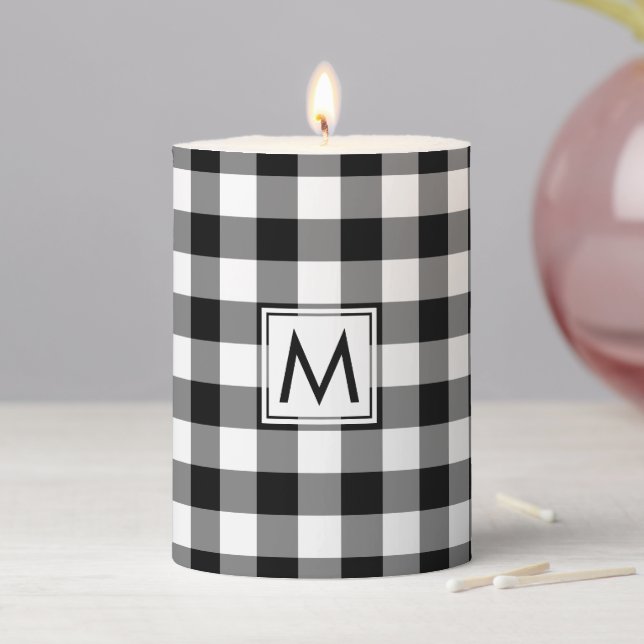 Monogrammed Black and White Gingham Plaid Pattern Pillar Candle (In Situ)