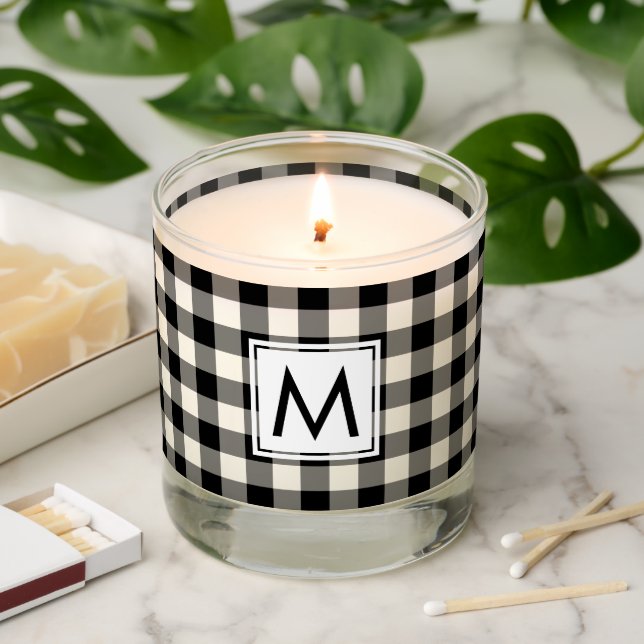 Monogrammed Black and White Gingham Plaid Pattern Scented Candle (Lit)