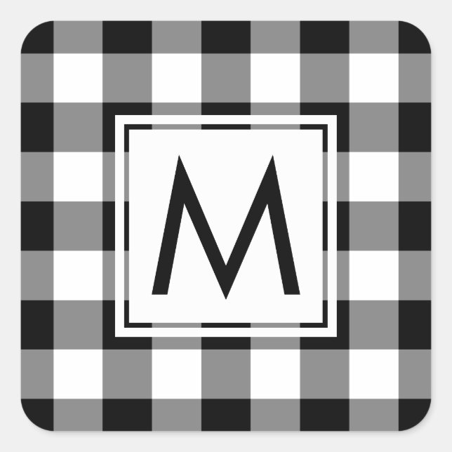 Monogrammed Black and White Gingham Plaid Pattern Square Sticker (Front)