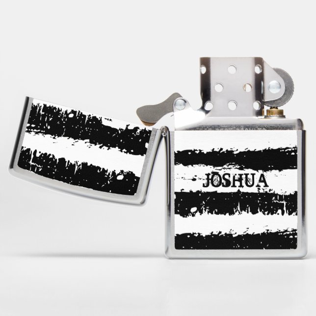 Monogrammed Black And White Grunge Stripes Zippo Lighter (Opened)