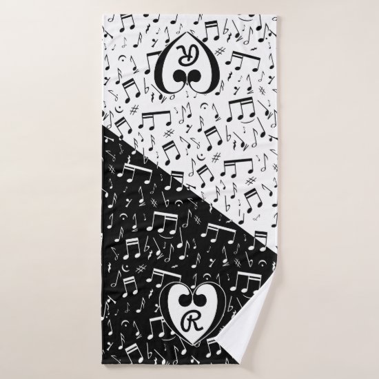 Monogrammed black and white love music bath towel set