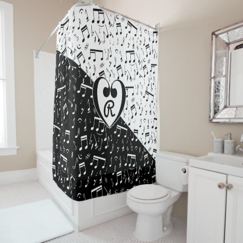 Monogrammed black and white love music shower curtain