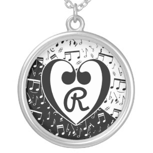Monogrammed black and white love music silver plated necklace
