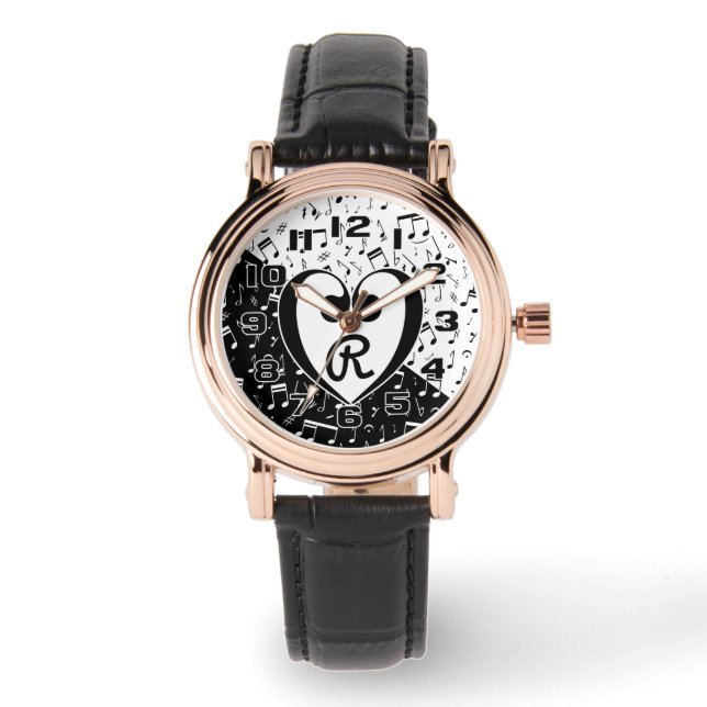Monogrammed black and white love music watch (Front)