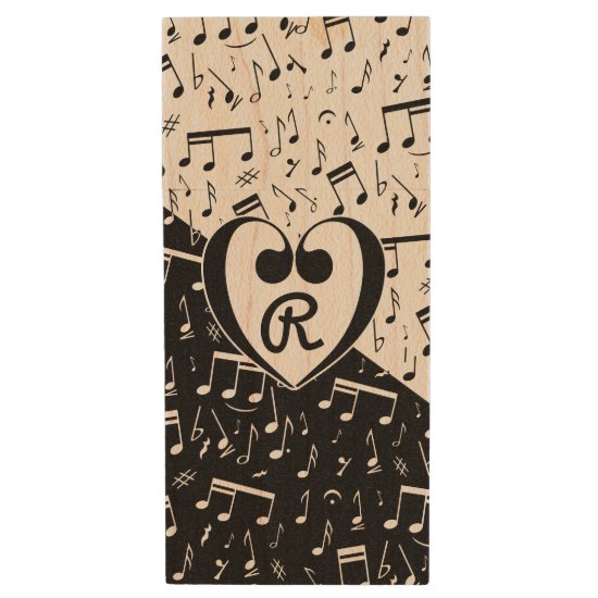 Monogrammed black and white love music wood flash drive