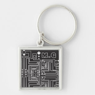 Monogrammed Black and White Maze Pattern Keychain