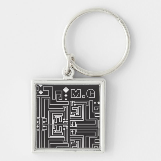 Monogrammed Black and White Maze Pattern Keychain (Front)
