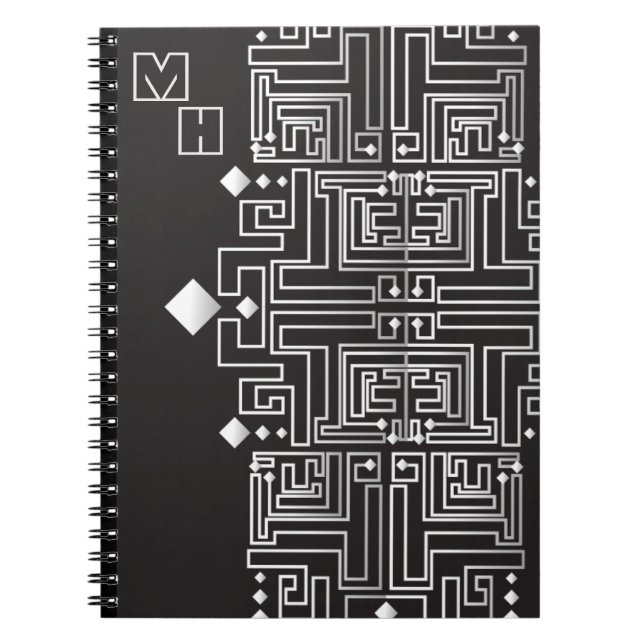 Monogrammed Black and White Maze Pattern Notebook (Front)