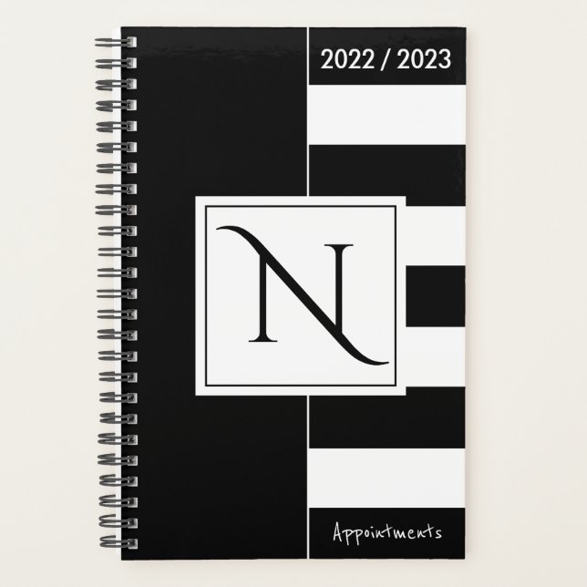 Monogrammed Black and White Modern Stripes Planner (Front)