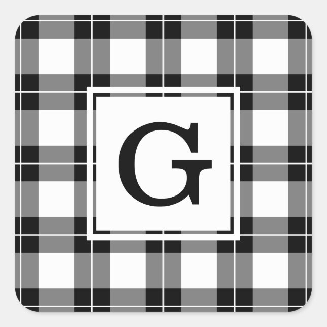 Monogrammed Black and White Plaid Pattern Square Sticker (Front)