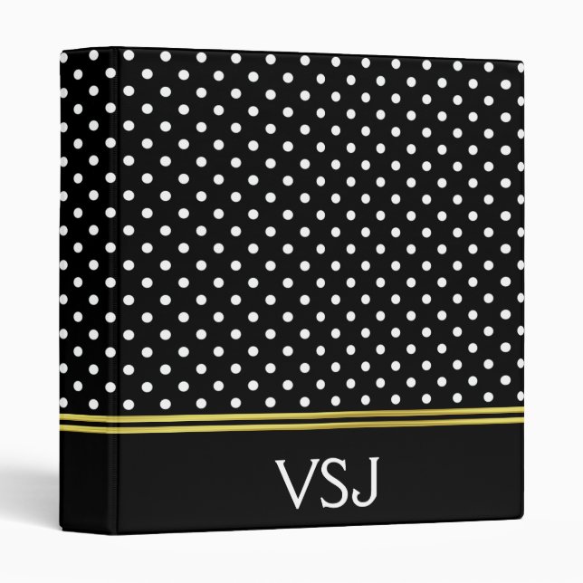 Monogrammed Black and White Polka Dot Pattern 3 Ring Binder (Front/Spine)
