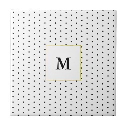 Monogrammed Black and White Polka Dot Pattern Ceramic Tile