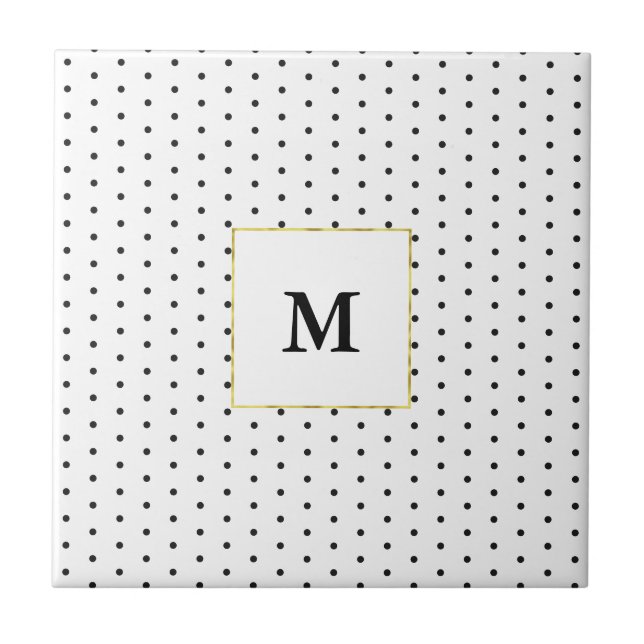 Monogrammed Black and White Polka Dot Pattern Ceramic Tile (Front)