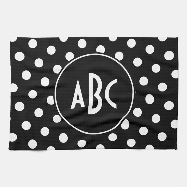 Monogrammed Black and White Polka Dots Kitchen Towel (Horizontal)