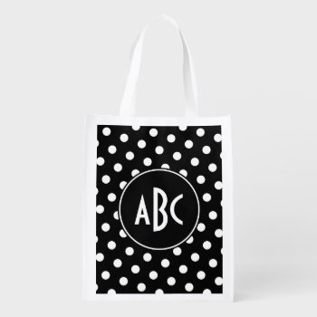 Monogrammed Black And White Polka Dots Reusable Grocery Bag by designs4you at Zazzle