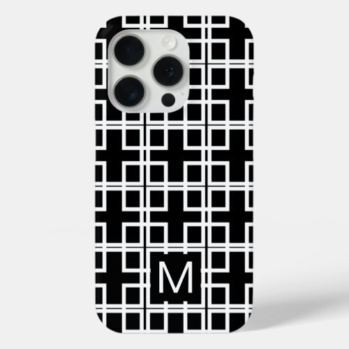 Monogrammed black and white squares pattern iPhone 15 pro case