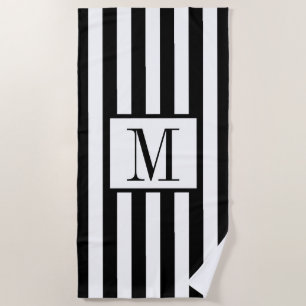 Monogrammed Black and White Striped Beach Towel