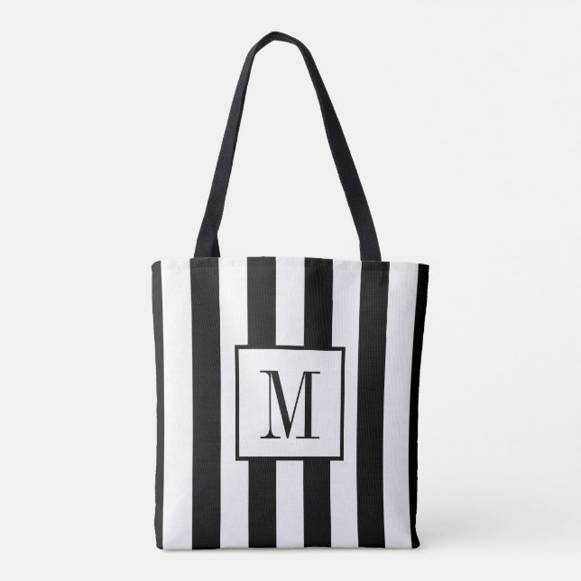 Monogrammed Black and White Striped Tote (Back)