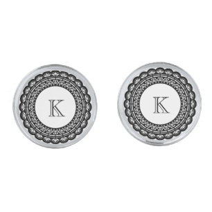 Monogrammed Black And White Vintage Floral Design Silver Cufflinks