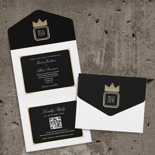 Monogrammed Black and White Wedding QR Code All In One Invitation