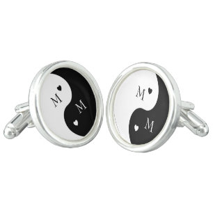 Monogrammed Black And White Yin Yang Design Cufflinks