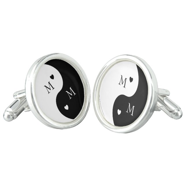 Monogrammed Black And White Yin Yang Design Cufflinks (Angled)