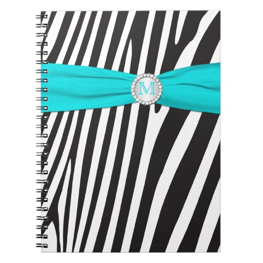Monogrammed Black Aqua White Zebra Stripe Notebook