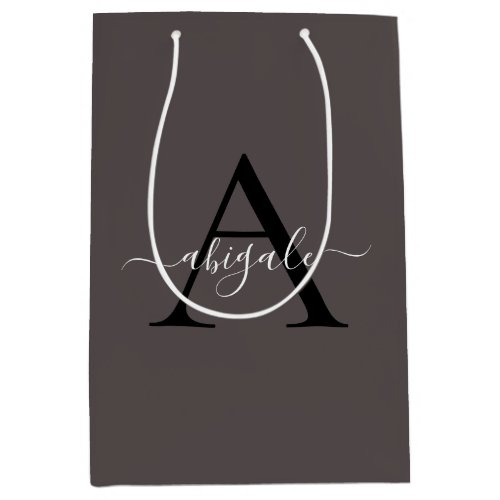 Monogrammed Black Ash Grey  Minimal Elegant Medium Gift Bag