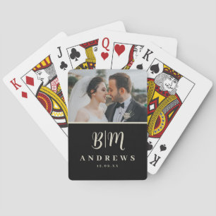 Monogrammed Black Biege Wedding Photo Poker Cards