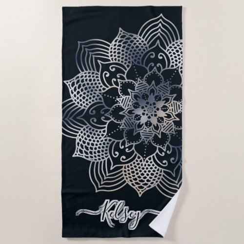 Monogrammed Black  Blue Mandala Pattern Beach Towel