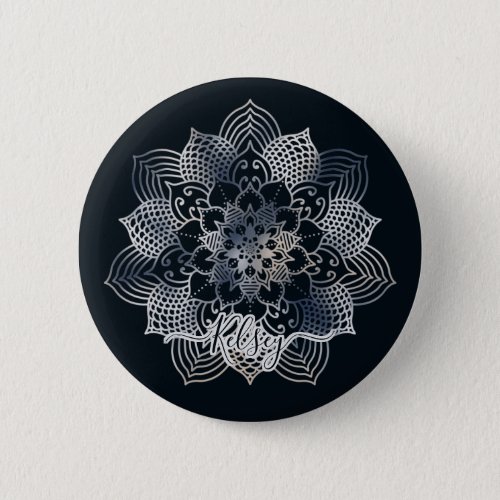 Monogrammed Black  Blue Mandala Pattern Button
