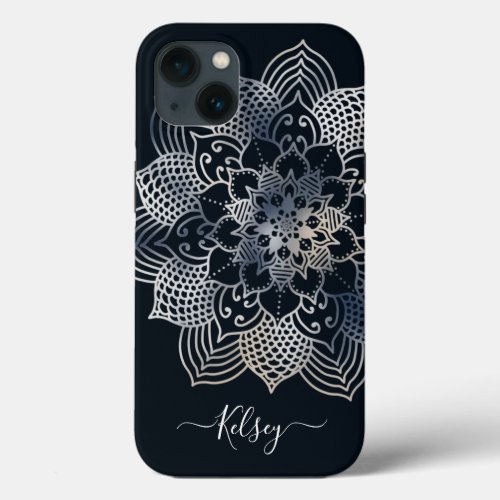 Monogrammed Black  Blue Mandala Pattern iPhone 13 Case