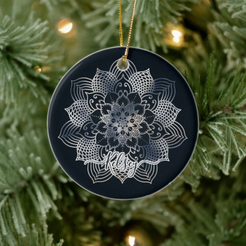 Monogrammed Black  Blue Mandala Pattern Ceramic Ornament