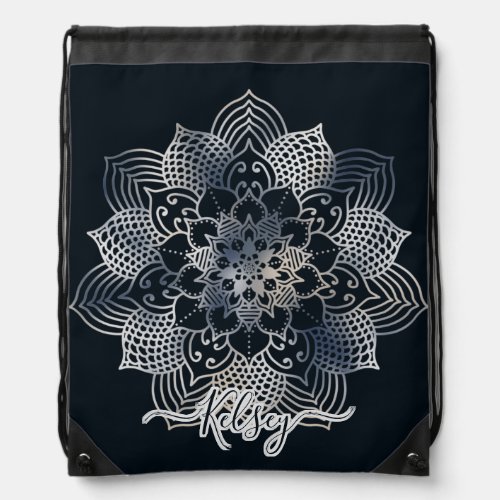 Monogrammed Black  Blue Mandala Pattern Drawstring Bag