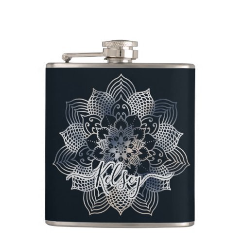 Monogrammed Black  Blue Mandala Pattern Flask