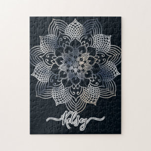Monogrammed Black & Blue Mandala Pattern Jigsaw Puzzle