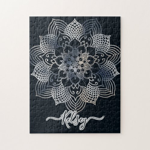 Monogrammed Black  Blue Mandala Pattern Jigsaw Puzzle