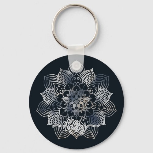 Monogrammed Black  Blue Mandala Pattern  Keychain