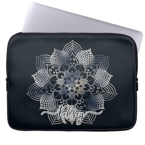 Monogrammed Black  Blue Mandala Pattern Laptop Sleeve