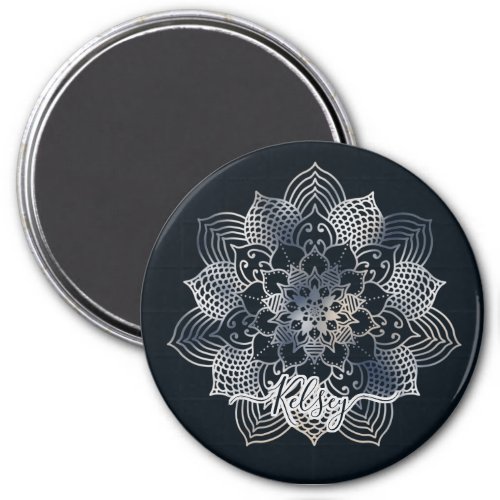 Monogrammed Black  Blue Mandala Pattern Magnet