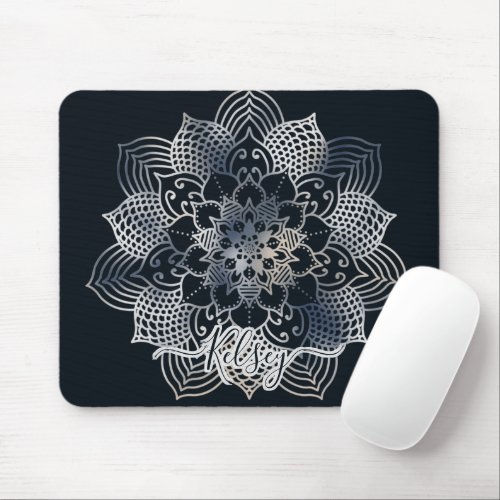 Monogrammed Black  Blue Mandala Pattern Mouse Pad