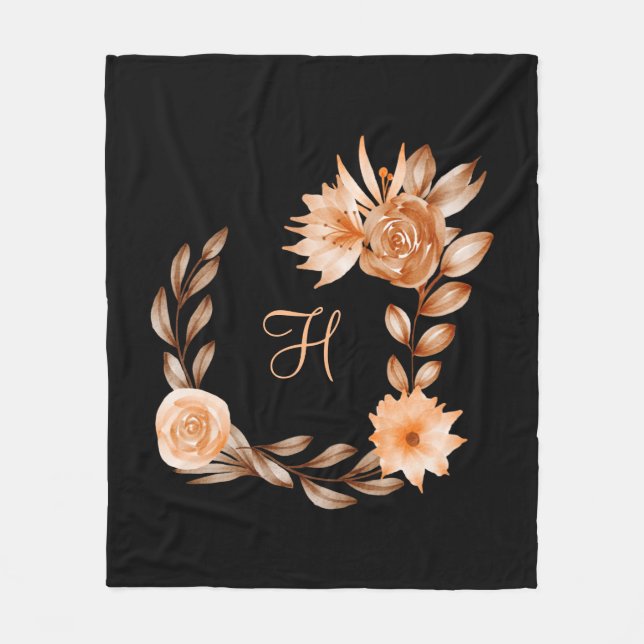 Monogrammed Black Brown and Peach Fleece Blanket (Front)