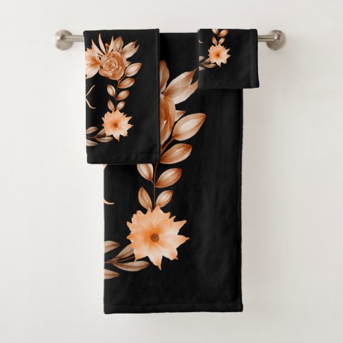 Monogrammed Black Brown and Peach Floral  Bath Towel Set