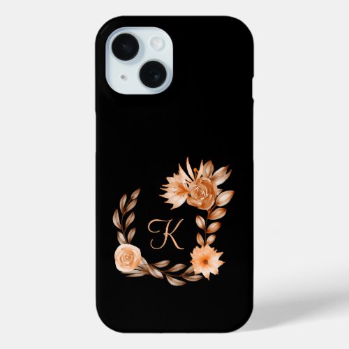 Monogrammed Black Brown and Peach Floral iPhone 15 Case