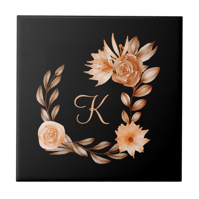 Monogrammed Black Brown and Peach Floral   Ceramic Tile (Front)