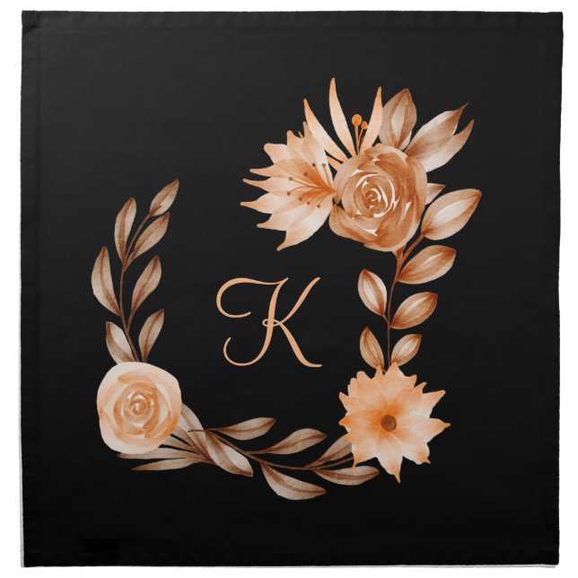 Monogrammed Black Brown and Peach Floral  Cloth Napkin (Front)