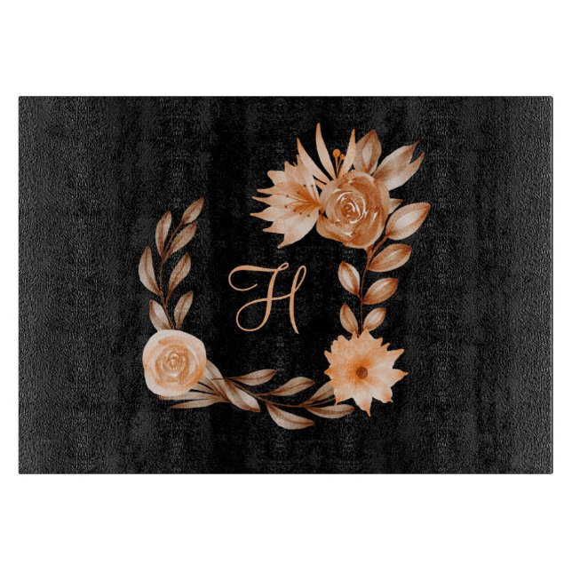 Monogrammed Black Brown and Peach Floral  Cutting Board (Front)