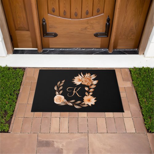 Monogrammed Black Brown and Peach Floral Doormat