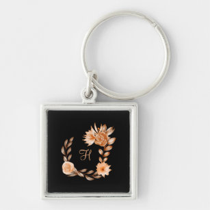 Monogrammed Black Brown and Peach Floral Keychain
