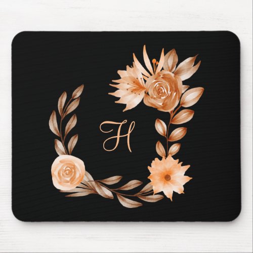 Monogrammed Black Brown and Peach Floral Mouse Pad